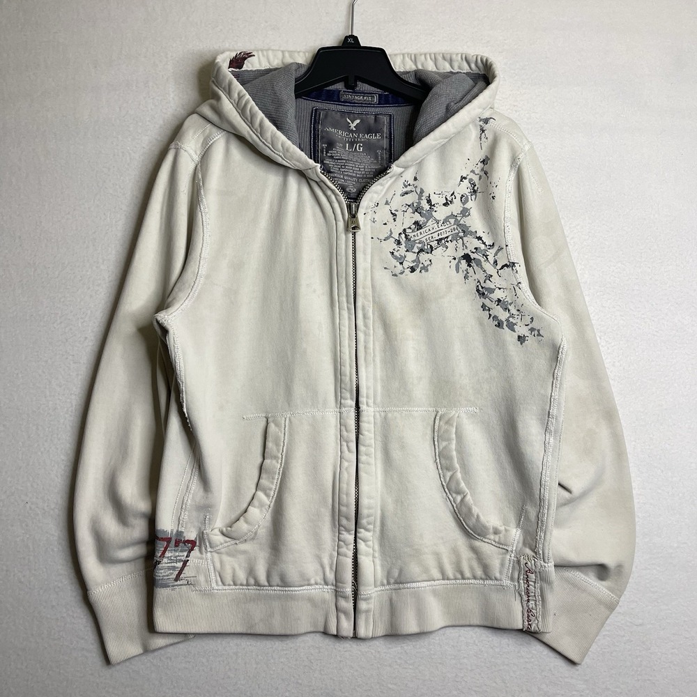 American Eagle Zip Up Hoodie Mens Large White Distressed AOP Vintage Fit Y2K